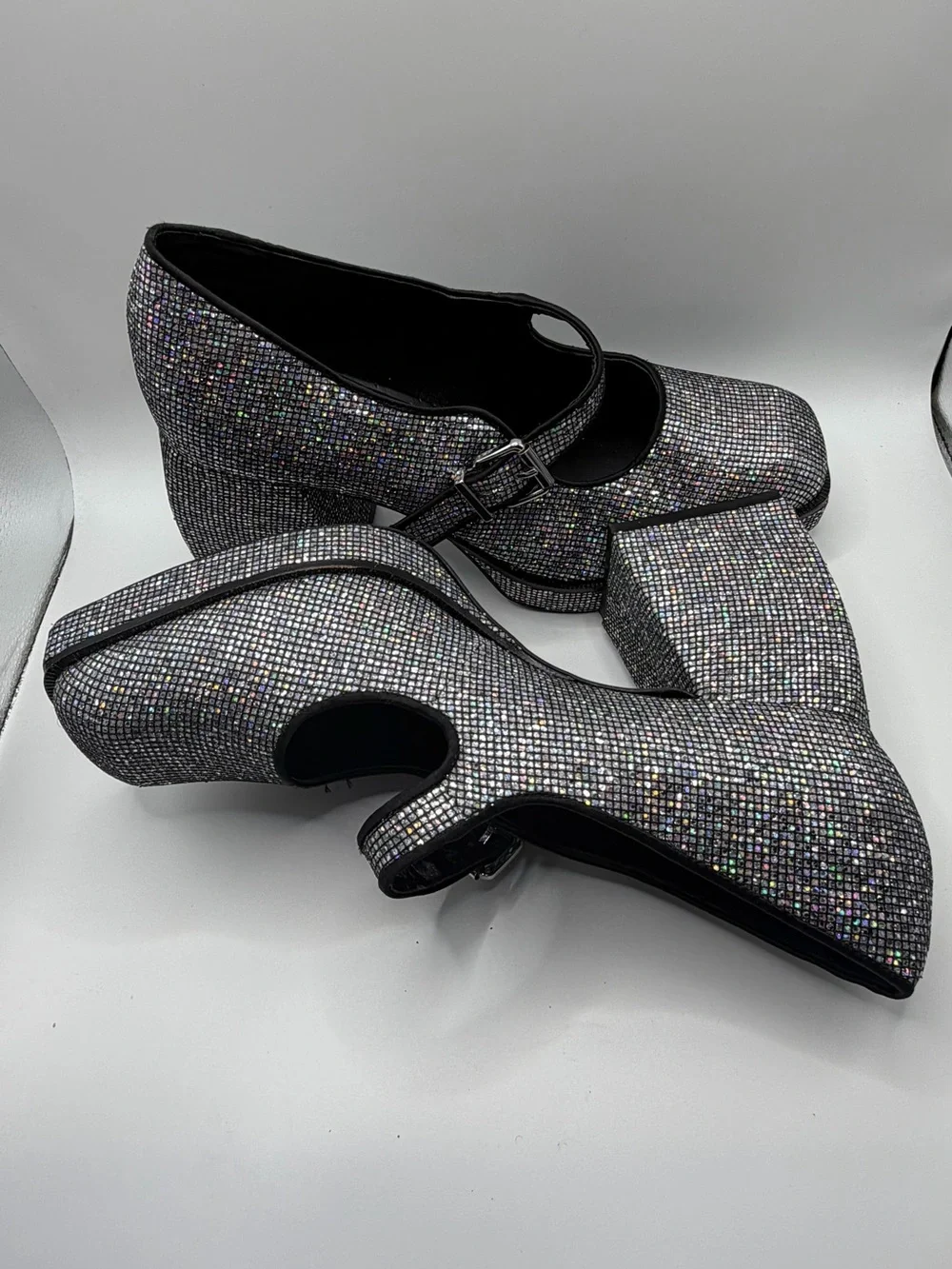 Gianni Bini Silver “Aurora” Disco-Style Glitter Mary Jane Platform Heels